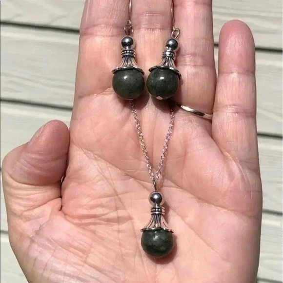 Dark Mossy Agate 925 Sterling Silver Necklace & Earrings Set NWT - Picture 1 of 6